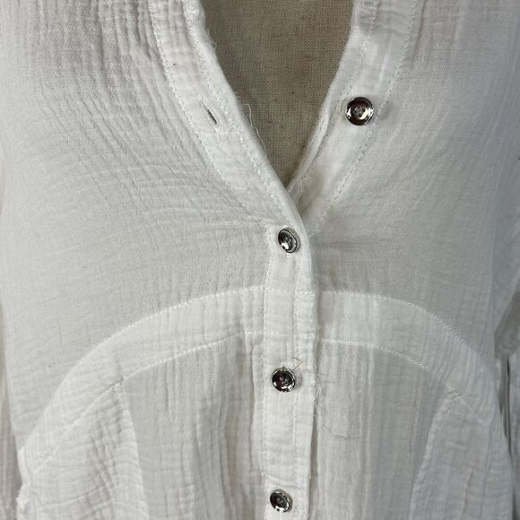 Adyson Parker X-Small Top Button-Up V-Neck Long Sleeve Pocket Gauzy Frayed White - Picture 2 of 9